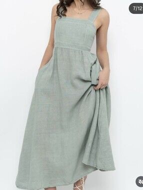 Francesca Bettini  Sage Green Linen Blend Square-Neck Maxi/Midi Dress Sz.L NWT